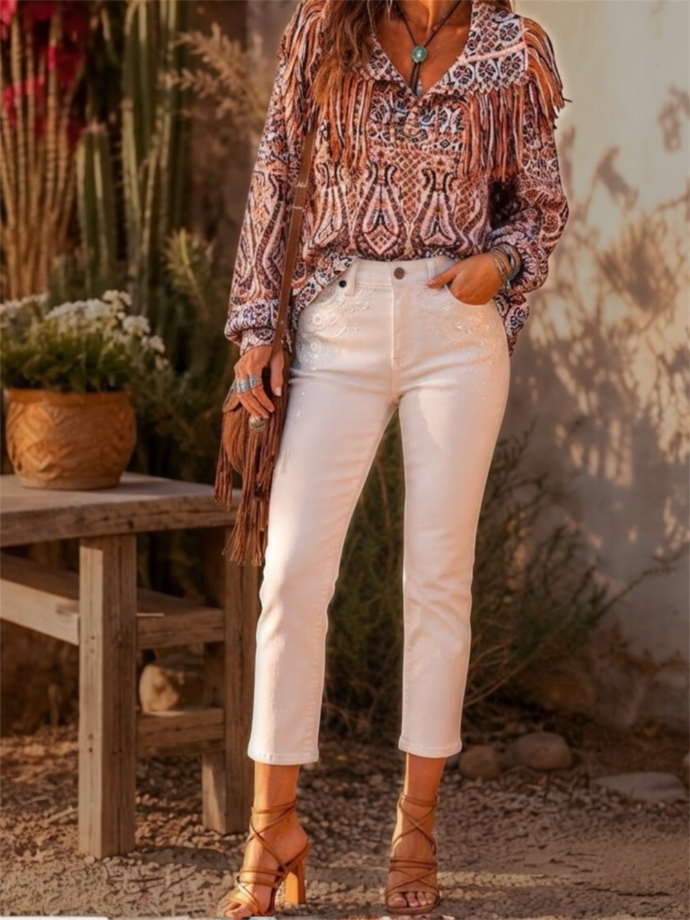 Chico’s Platinum White Embellished Sequin Embroidered Cropped Jeans Size M